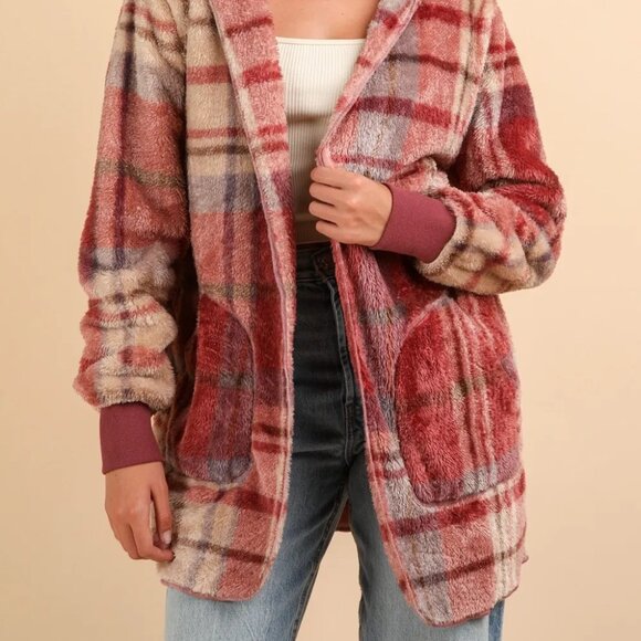 VERY J Fuzzy Plaid Long Sleeve Hooded Jacket - Picture 2 of 7